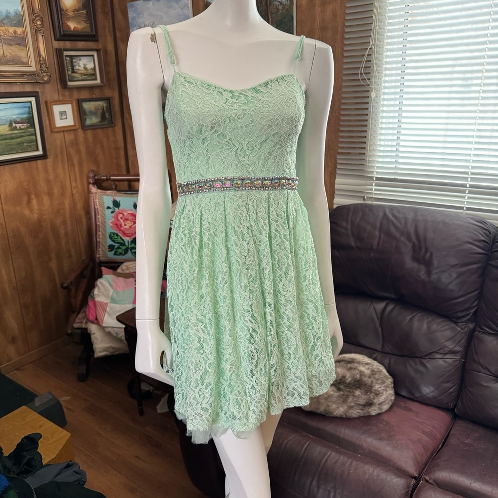 Seafoam/Mint Lace Dress with Rhinestone Detail